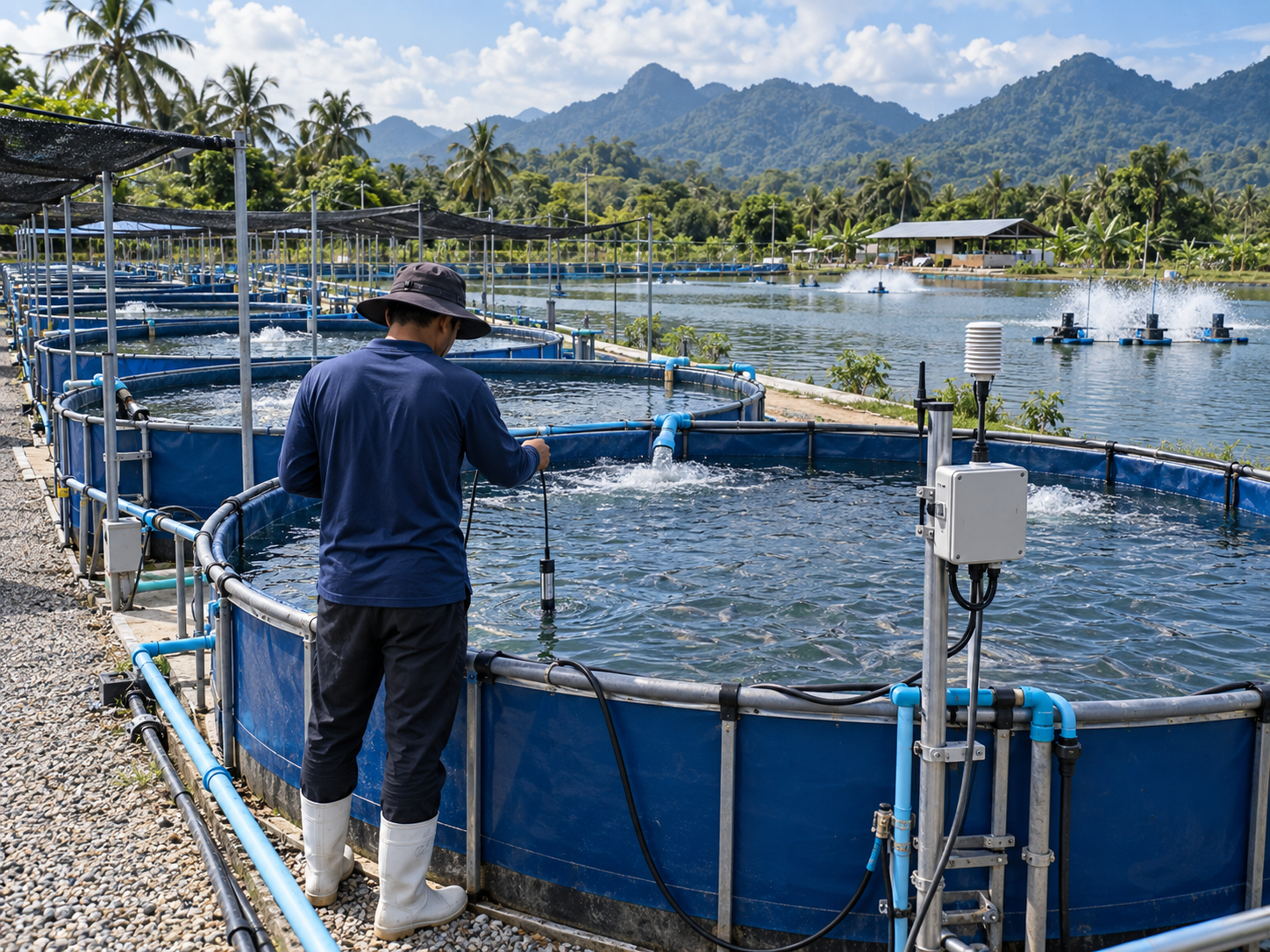Illustrative aquaculture site with aeration, fish tanks and water monitoring equipment
