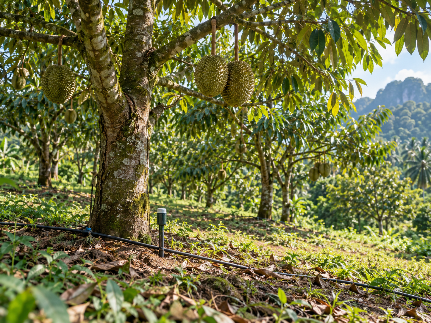Illustrative durian orchard with drip irrigation and a soil sensor